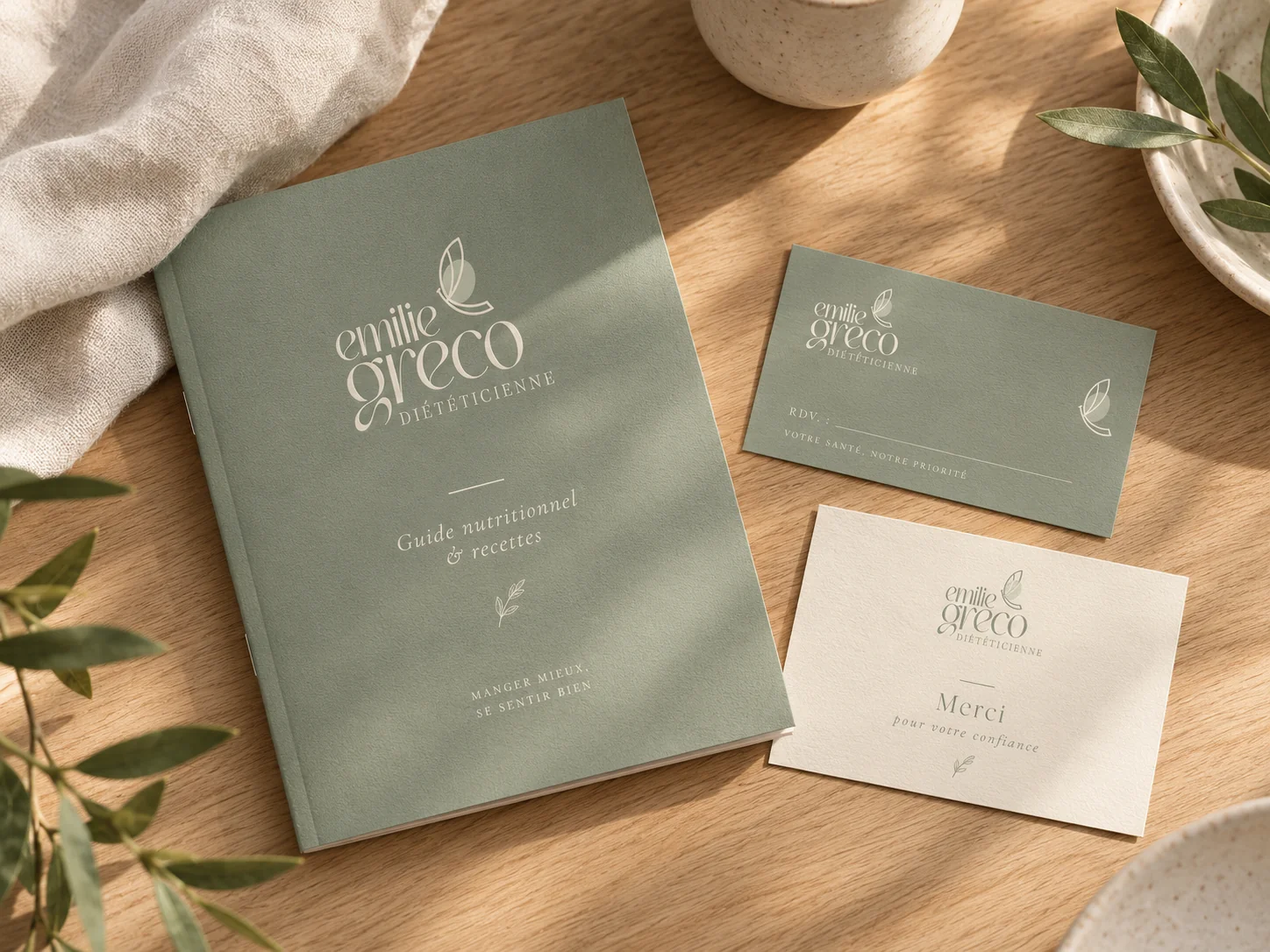 Guide nutritionnel et cartes de rendez-vous et de remerciement de la marque Émilie Greco