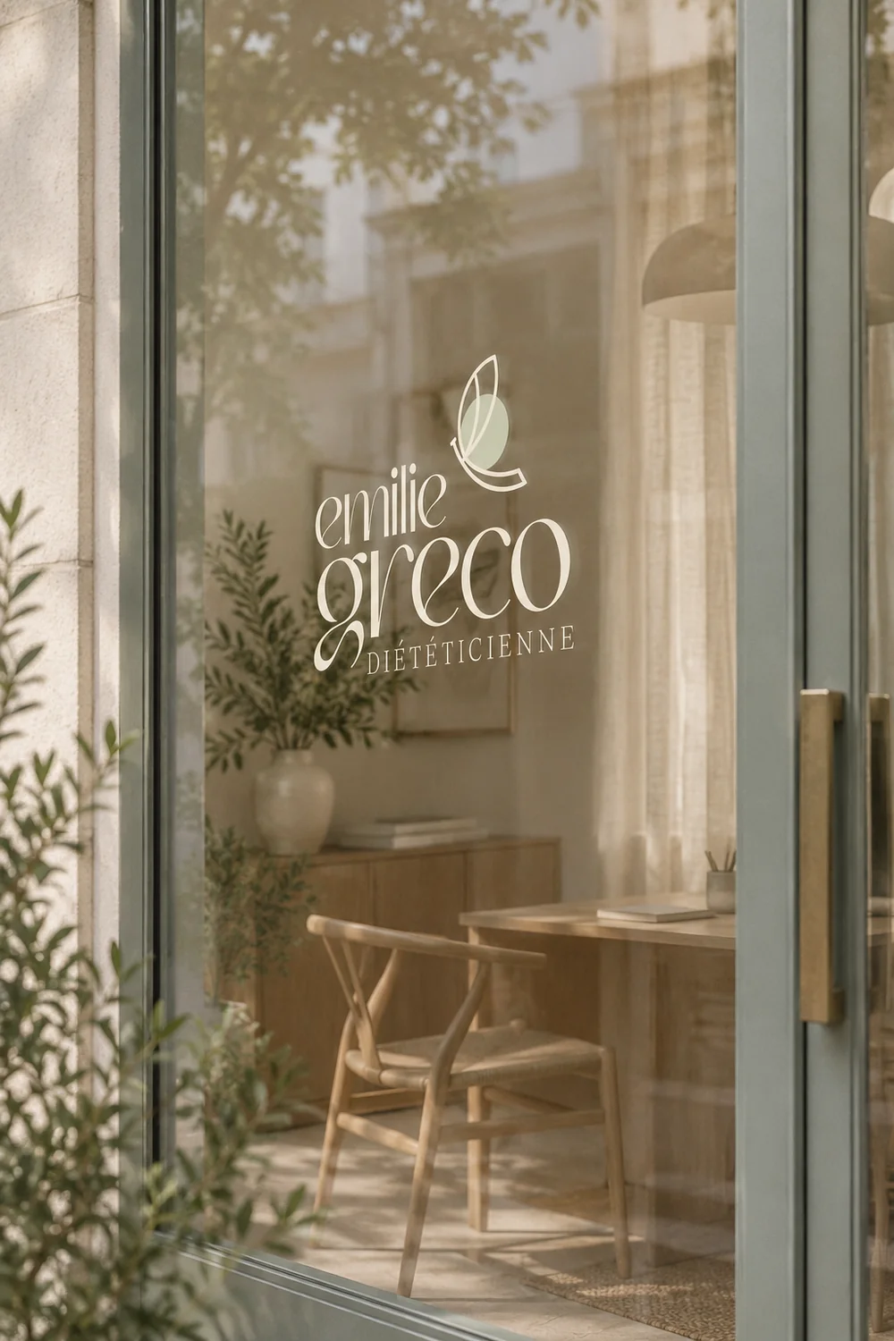 Logo Émilie Greco appliqué en vitrine d'un cabinet de diététique