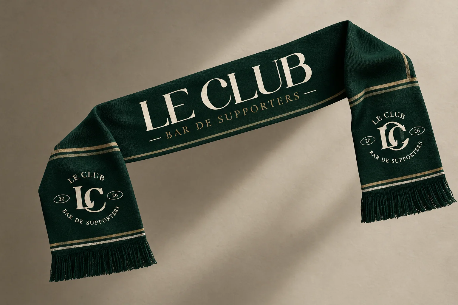 Écharpe de supporter vert forêt aux couleurs du Club, avec le logotype Le Club, bar de supporters