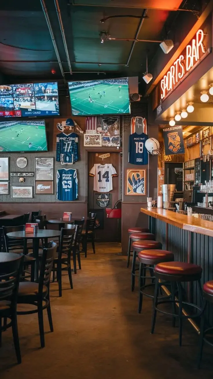 Bar de sport avec maillots au mur, écrans et enseigne néon