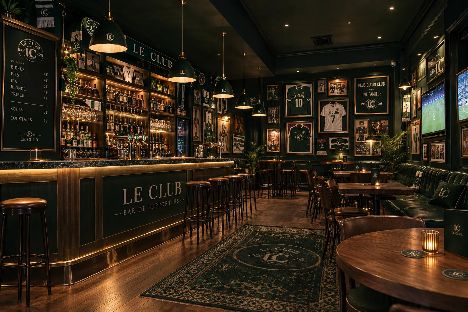 Intérieur du bar Le Club : comptoir éclairé, étagères de bouteilles, maillots encadrés, banquette en cuir vert et écran de match