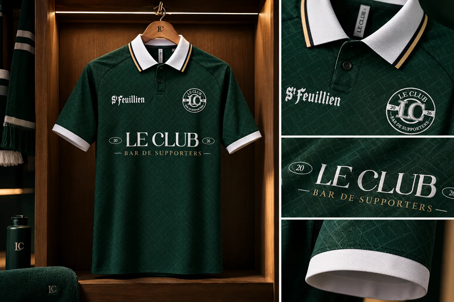 Polo vert forêt Le Club suspendu dans un vestiaire en bois, avec détails du col, du blason et de la manche