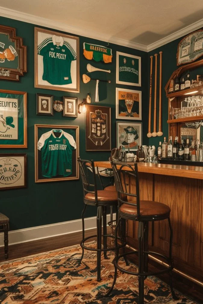 Mur vert profond couvert de maillots encadrés au-dessus d'un comptoir en bois