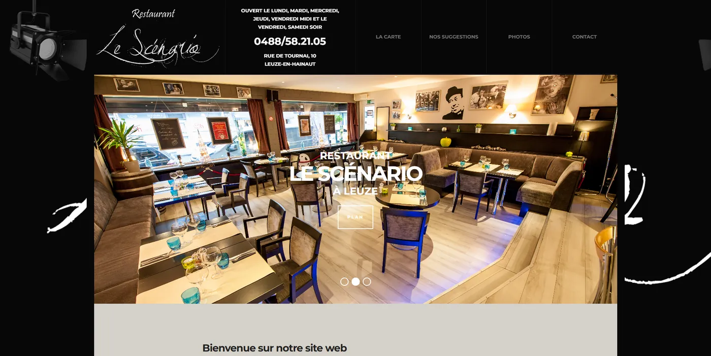 Ancien site du restaurant Le Scénario : page d'accueil sur fond noir avec projecteur et diaporama