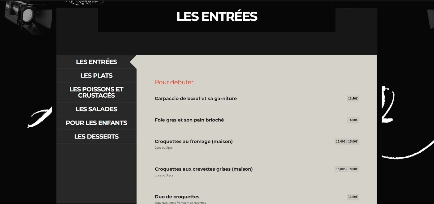 Ancien site du restaurant Le Scénario : page de la carte, rubrique Les entrées avec liste de plats et prix