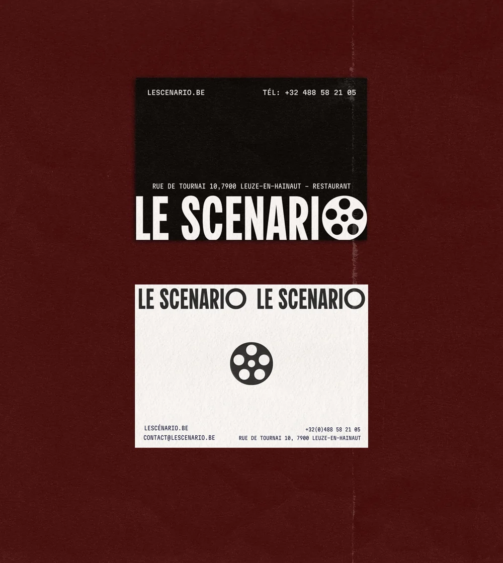 Cartes de visite du restaurant Le Scénario, versions noire et crème avec le logo en bobine de film