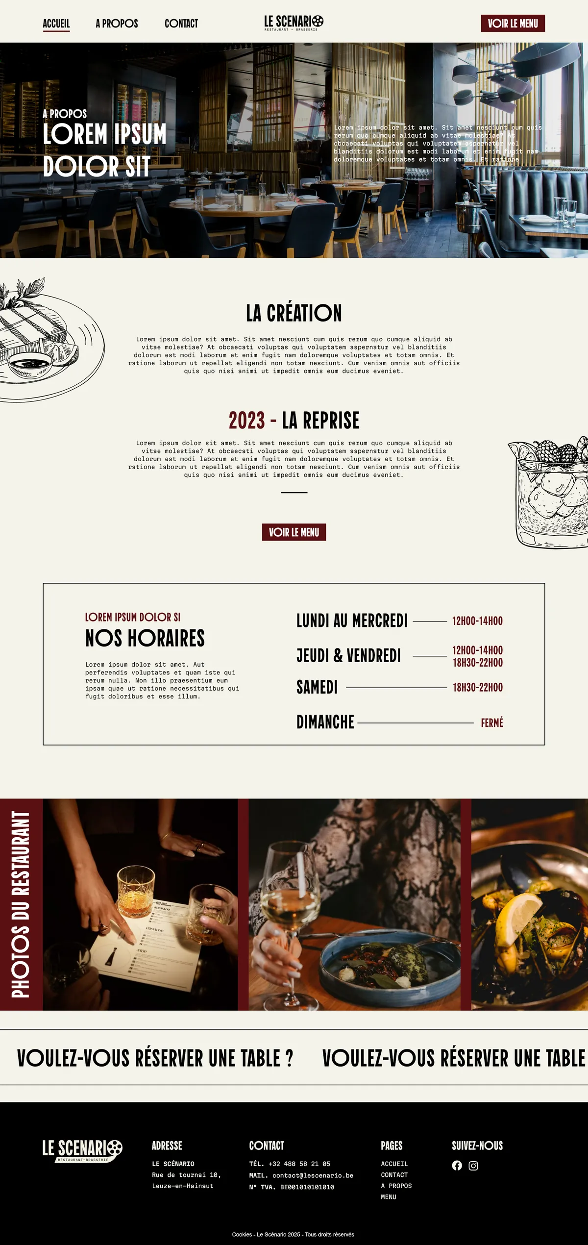 Maquette de la page À propos du site Le Scénario : histoire du restaurant, horaires et photos