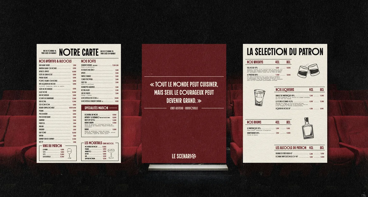 Menus du restaurant Le Scénario : « Notre carte », panneau citation et « La sélection du patron » dans une salle de cinéma