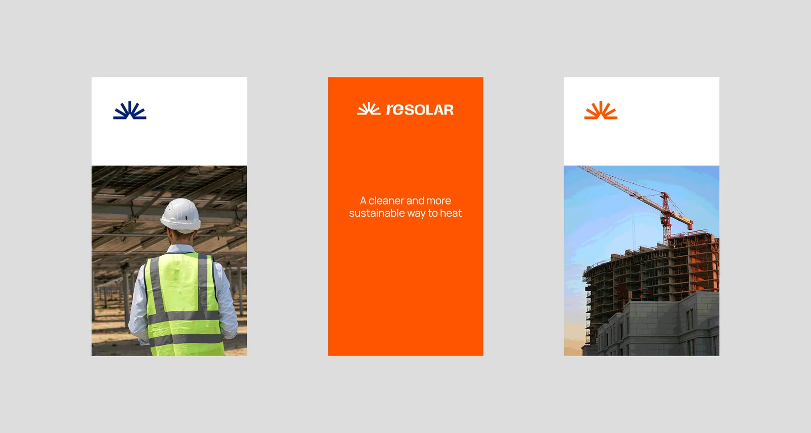 Trois cartes Resolar&nbsp;: un technicien sous des panneaux solaires, l'accroche «&nbsp;A cleaner and more sustainable way to heat&nbsp;» sur fond orange et un chantier de construction