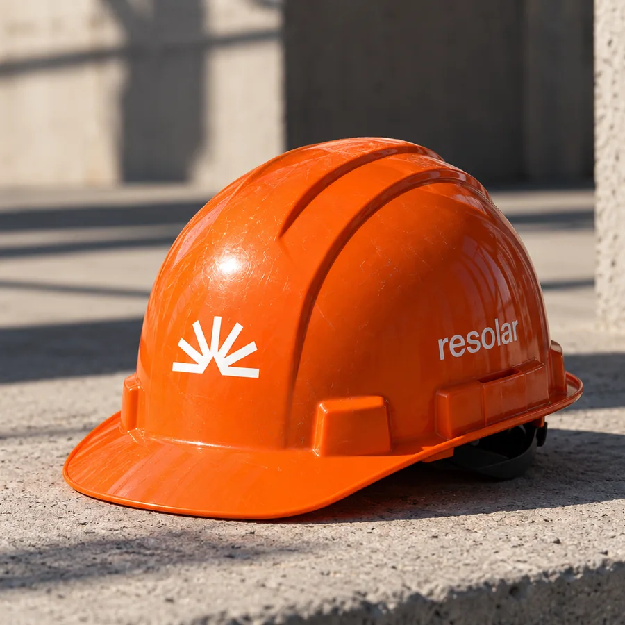 Casque de chantier orange Resolar avec le symbole en rayons et le mot resolar en blanc