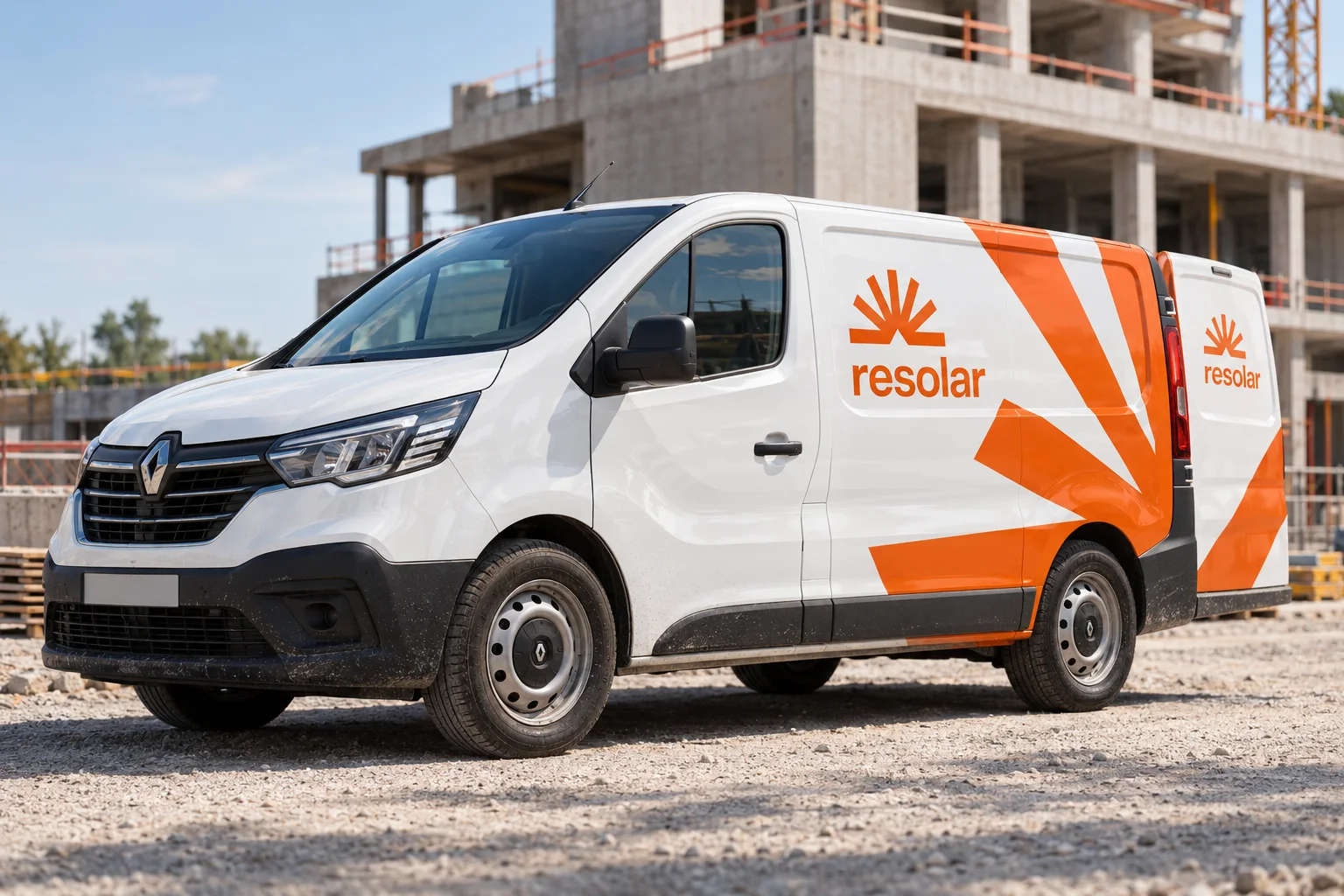 Véhicule utilitaire blanc aux couleurs de Resolar, avec des rayons orange sur la carrosserie, devant un chantier