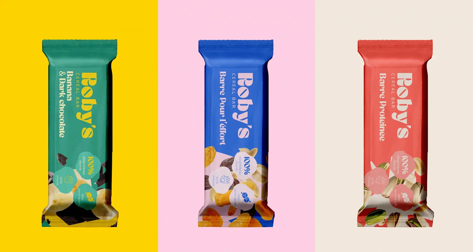 Packshot des trois barres Roby's Bar en couleurs