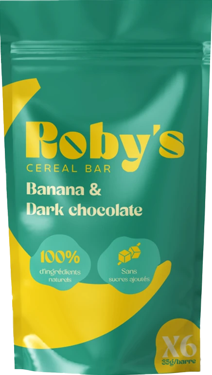 Doypack Roby's Bar vert et jaune, banane et chocolat noir, 6 barres de 35 g