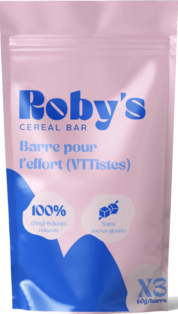 Doypack Roby's Bar rose et bleu, barre pour l'effort des VTTistes, 3 barres de 60 g