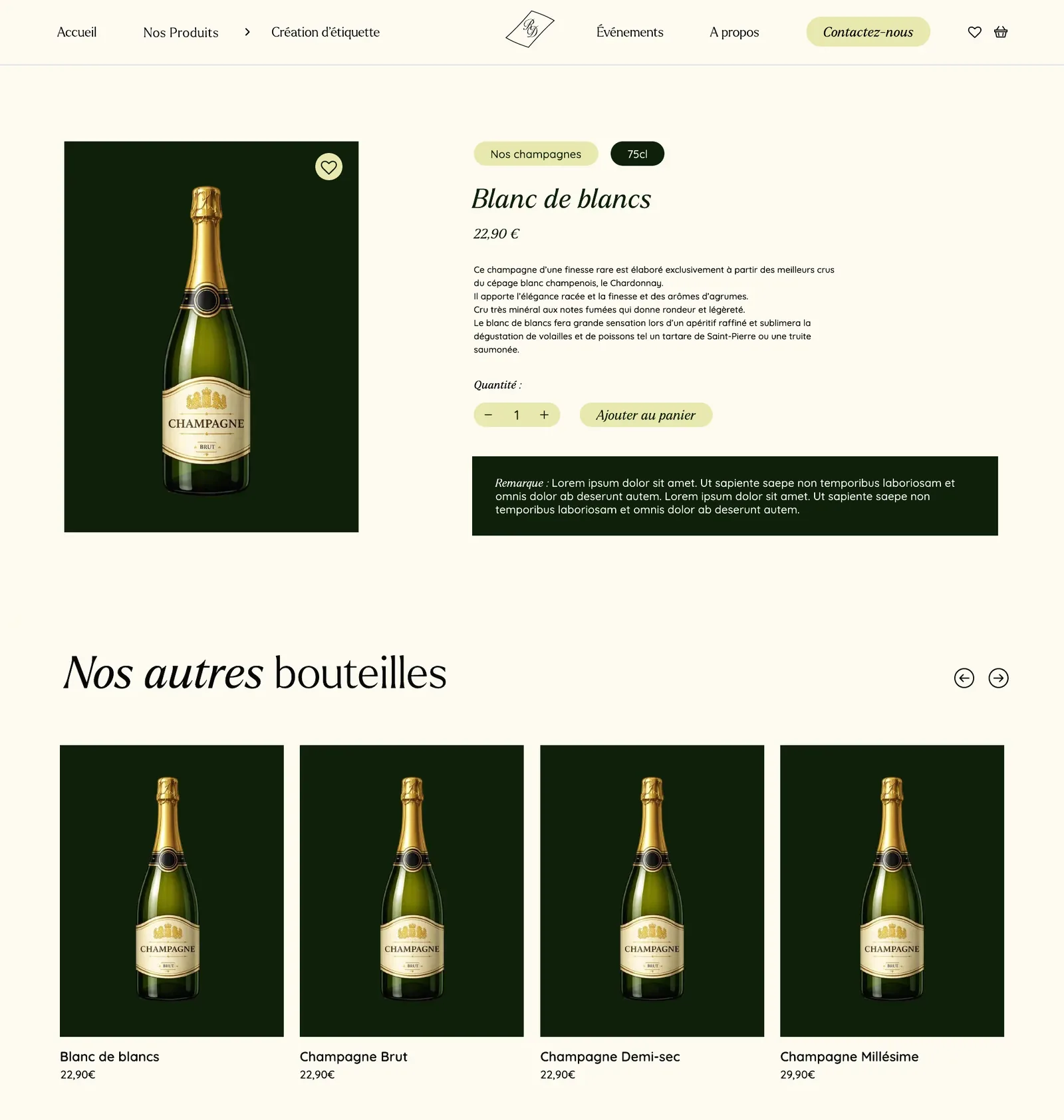 Maquette de la fiche produit Blanc de blancs et sélection d'autres bouteilles