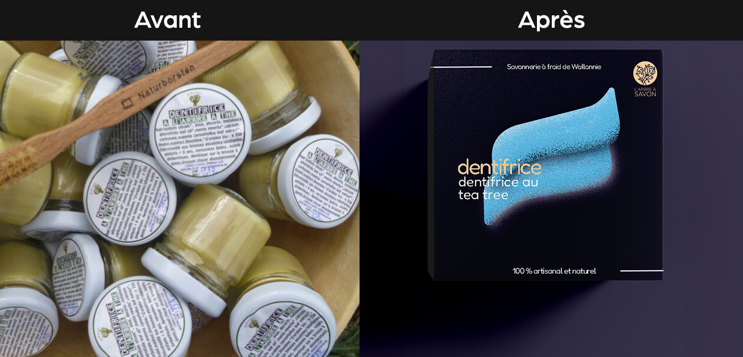 Comparaison de l'ancien packaging du dentifrice et du nouveau conçu par Studio Onze