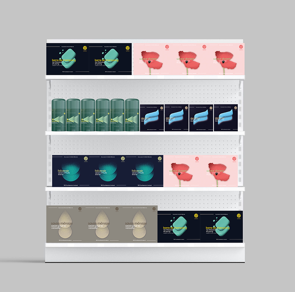 Mise en situation de rayon magasin de savon pour l'arbre à savon conçu par Studio Onze