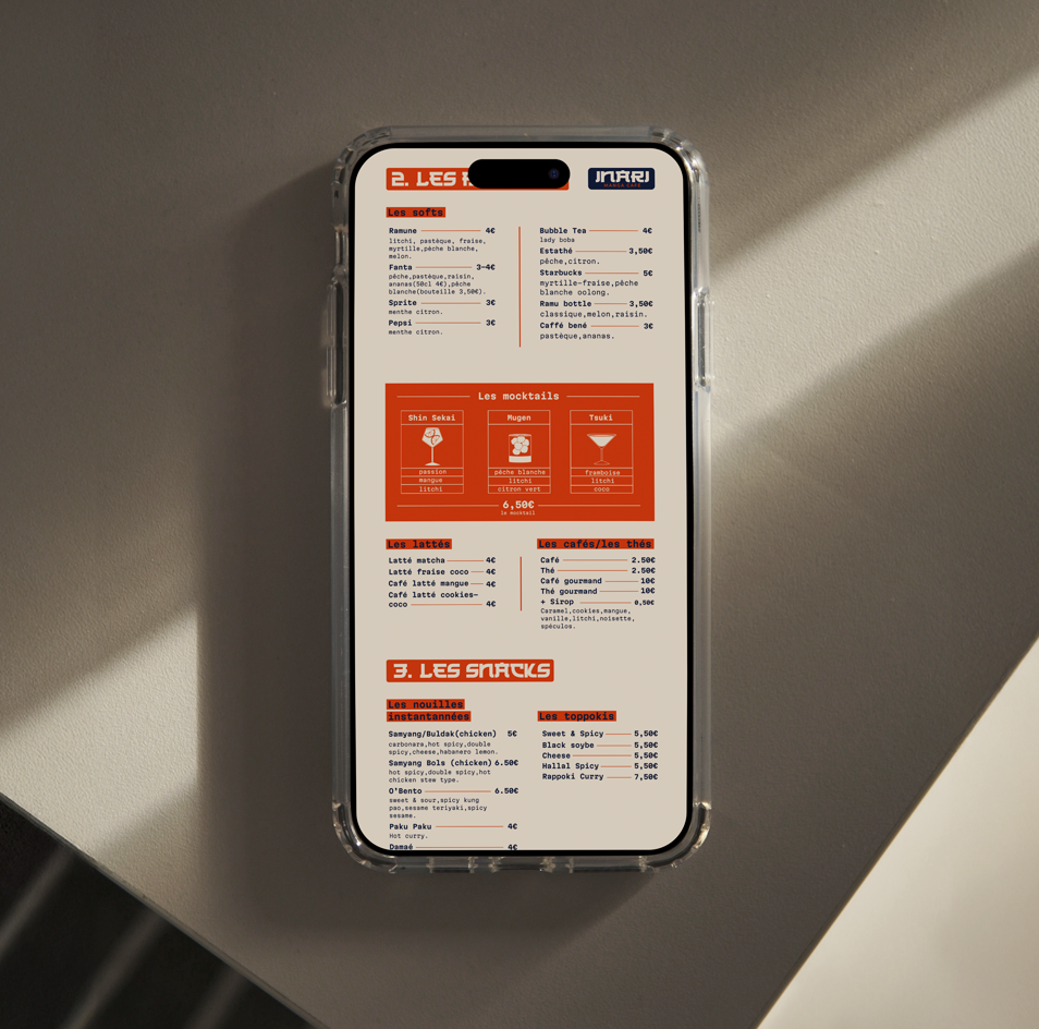 Design du menu du Inari Manga Café conçu par Studio Onze